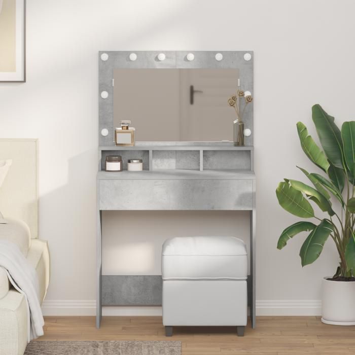 Coiffeuse - Gris béton - Éclairage LED - 79x41x135 cm - Rangement intégré