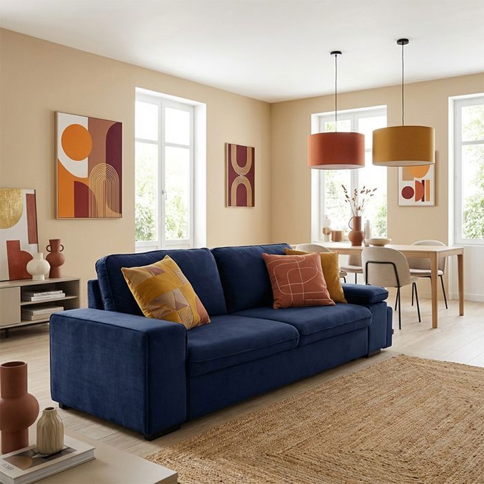 ALYA Canapé droit reversible convertible Bleu MARINE (velours simple) - Taille S - 3 places - 254 x 91 x 83