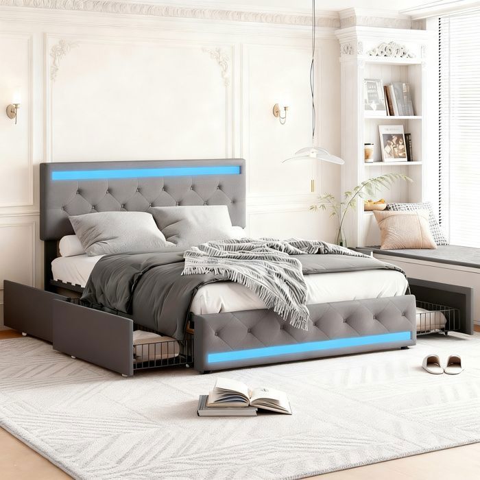 Lit adulte 140x190 - COZY - Lit avec sommier à lattes - 4 tiroirs - LED intégrée - Tissu en lin gris