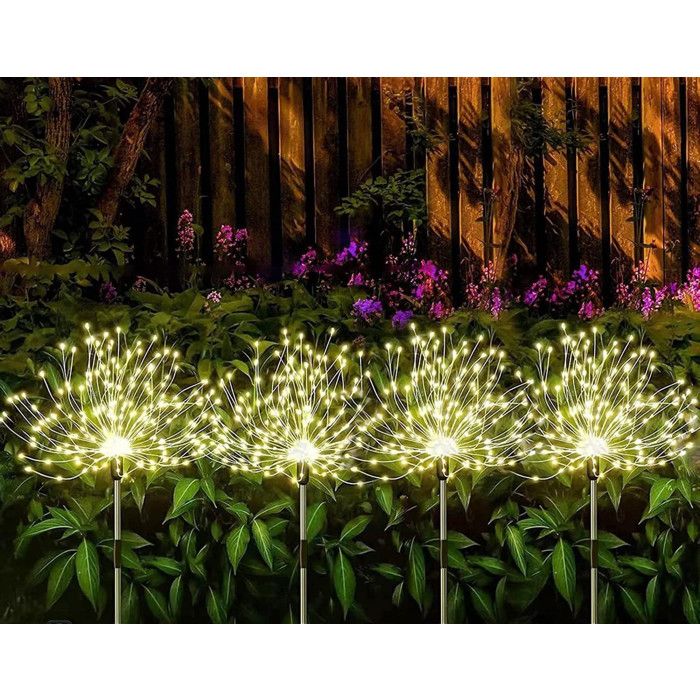 Lot de 4 lampes solaires extérieur - 120 LED 5W IP67 - réglage de la luminosité (4 lanternes de feux) (couleur chaude)
