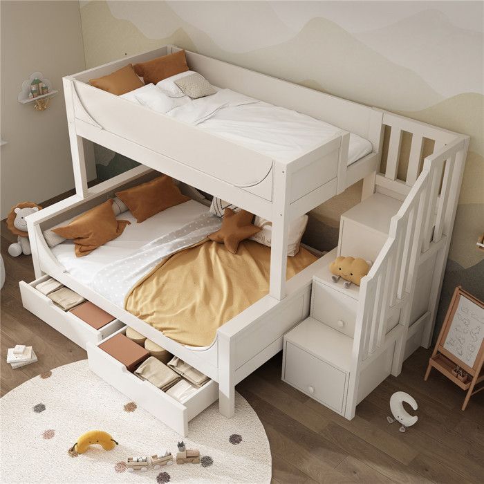 Lit superposé 140x200 90x200 avec sommier tiroirs rangement échelle rampe et barrière de sécurité pour enfant et adulte -