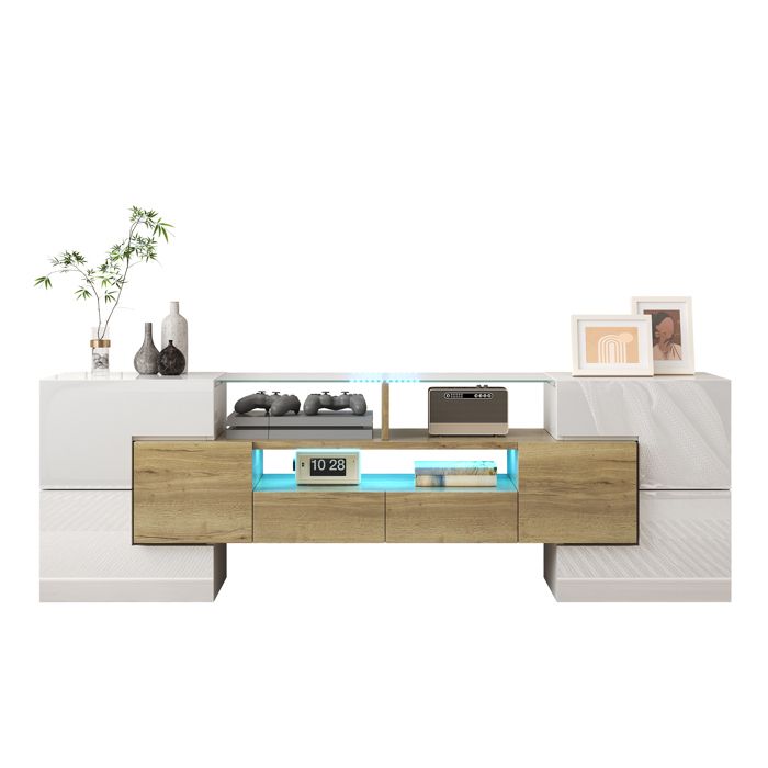 Meuble TV 145 cm au Style Épuré - Finition Blanc Brillant avec Éclairage LED Intégré - Plateau Verre pour Salon Contemporain