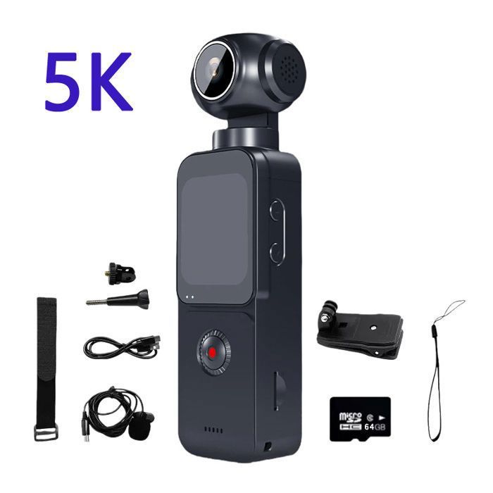 Caméra sport 5K UHD-Caméra Vidéo Vlogging- Lentille Rotative 270°64GB- WiFi Écran tactile 169 ELS anti-shake- Noir