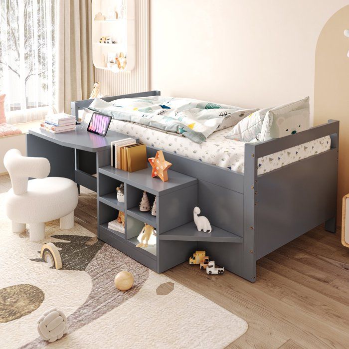 Lit enfant avec bureau 90x200 gris rangements intégrés prises USB et prise EU échelle lit une place en bois