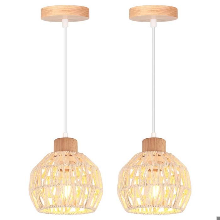 WOTTES Lot de 2 Suspensions Luminaires Vintage Lustre Industriel en Bois Rotin Blanc Ø15cm Abat-jour Style Bohème Éclairage Salon