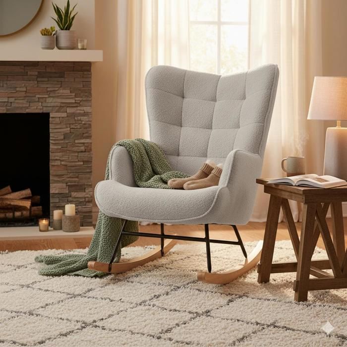 Fauteuil à Bascule - Scandinave - Dossier Capitonnée en carré - Balancelle Relaxante - 68x75x92cm - Velours Teddy Gris Clair