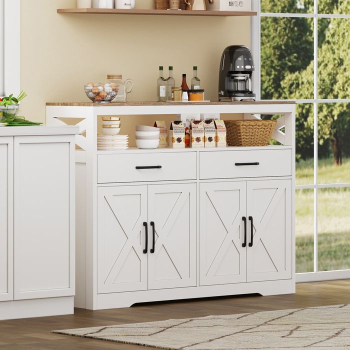 Buffet bahut - ADWOLT - Buffet 4 portes 2 tiroirs - Blanc aspect bois - 140x40x105 cm - Style scandinave