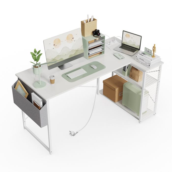 Bureau informatique avec étagère bureau d’angle en L ports USB et prise secteur 120 cmblanc