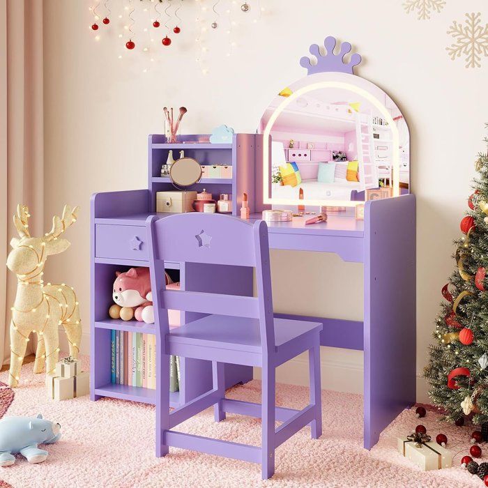 Coiffeuse pour Enfants avec Miroir et Tabouret - Violet - Lumières LED - Anti-basculement