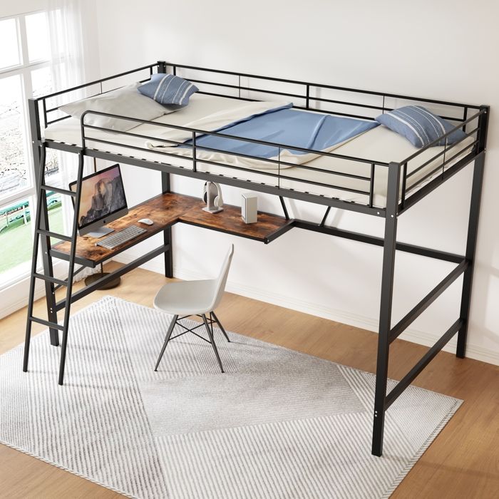 Lit mezzanine enfant 90x200 cm métal avec bureau en L et étagère noir – sans matelas