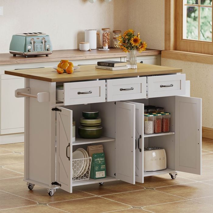 Desserte Cuisine à 5 roulettes Buffet Cuisine de Rangement avec Plateau de Table Pliable 4 Portes 3 Tiroirs Îlot Central Blanc