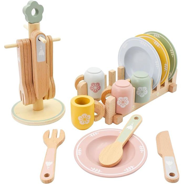 Jouets de Cuisine en Bois Jeu de Vaisselle de Cuisine de Jouet en Bois Accessoires pour Tout-Petit Enfant Jeu de rôle po DINETTE