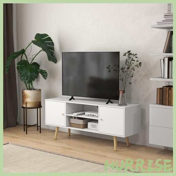 Cocosity Meuble Tv Style Scandinave 2 Portes 2 Niches Passe-Fils Piètement Bois Pin Panneaux Blanc - 120 X 34 X 50 Cm Blanc