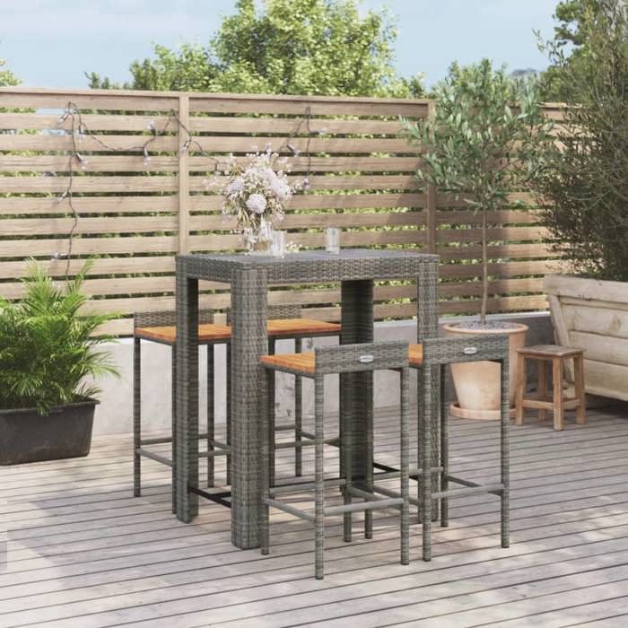 NEW 2026 Ensemble Bistrot/BAR - jardin lot de 5 - 4 Chaises et 1 Table- gris poly rotin/bois massif acacia 40x44x86 cm S594