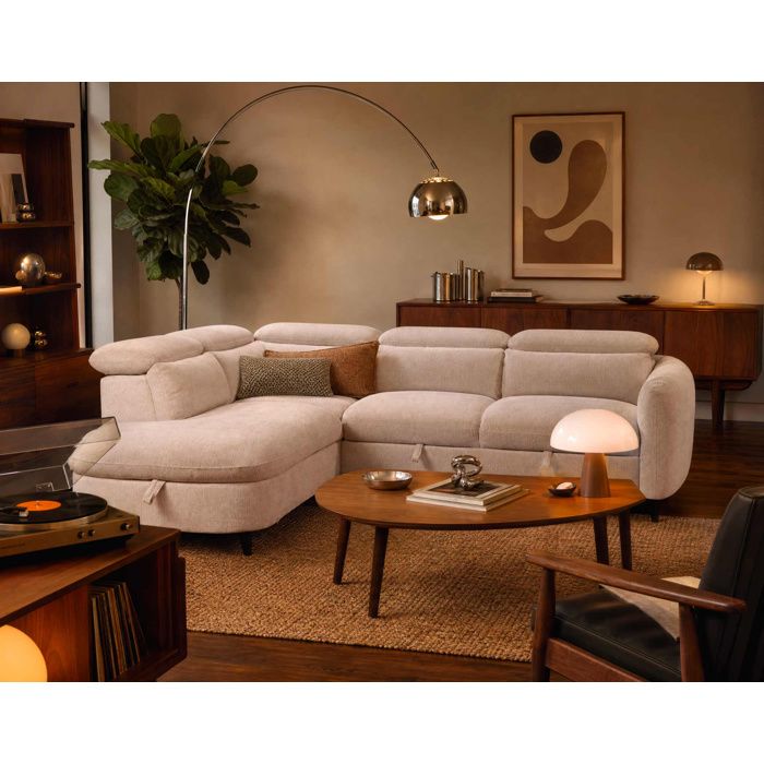 Opaline - Canapé dangle gauche 5 places convertible avec têtières et coffre en tissu texturé - Beige