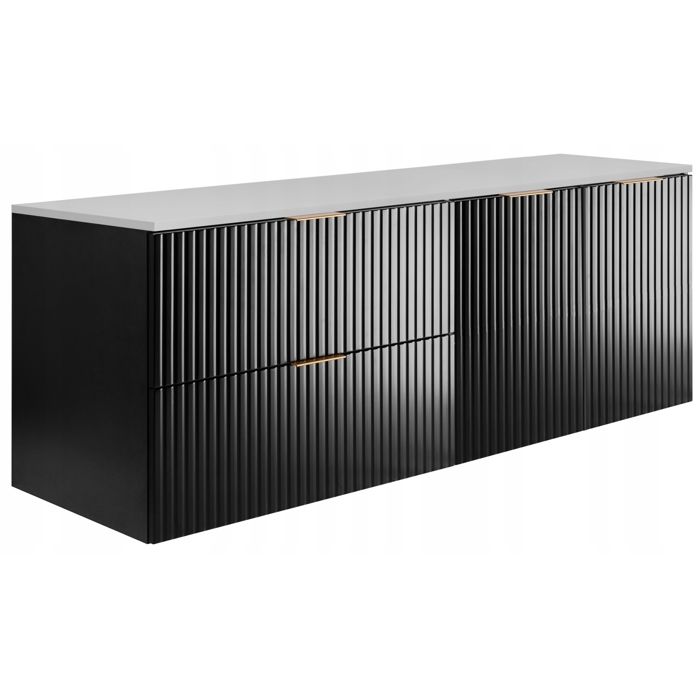 Meuble sous Lavabo FLOW 160 cm - Façades rainurées - avec plan de travail - Noir / Blanc - 160x46x57 cm