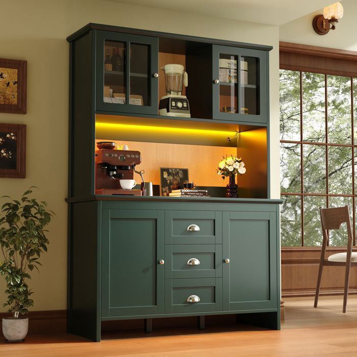 Buffet Salle a Manger avec LED Meuble de Rangement avec Portes et étagères réglables intégrées Buffet Haut Vert 120×40×179cm