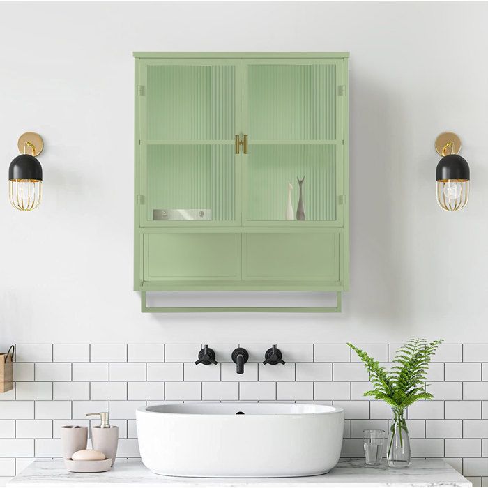 Meuble mural vert L 60 x P 23 x H 78 cm 2 portes en verre strié étagère ouverte porte-serviettes