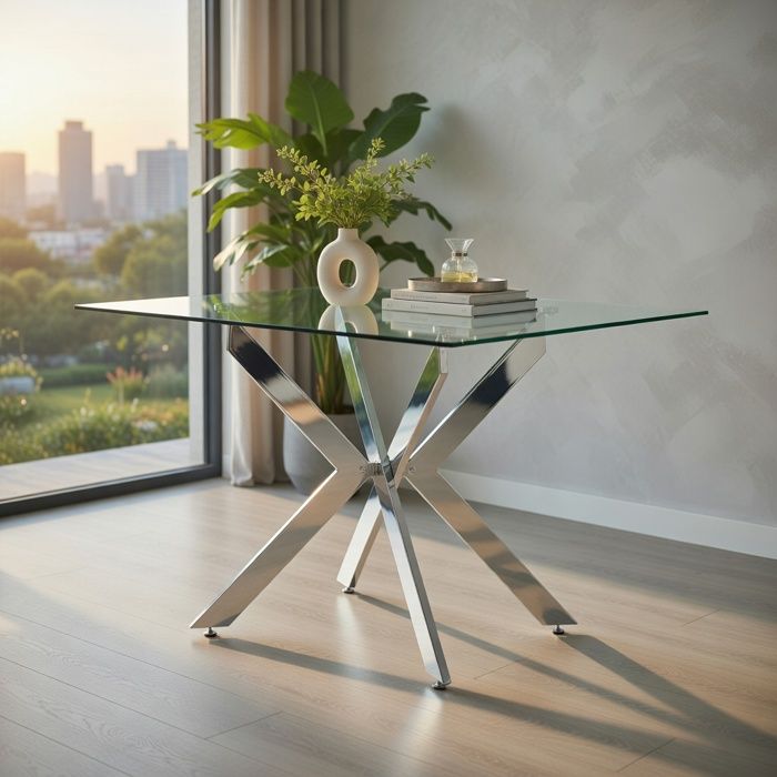 Table à manger pied métal croix verre trempé carrée 80x80x75 cm cuisine salon -Pugsdrly