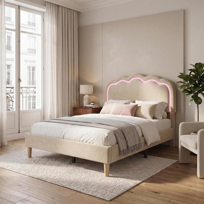 Lit simple rembourré - FURNITURER - 90x190 cm - Tête de lit réglable - LED multicolore mode musique - Sommier à lattes Lit simple rembourré - FURNITURER - 90x190 cm - Tête de lit réglable - LED multicolore mode musique - Sommier à lattes