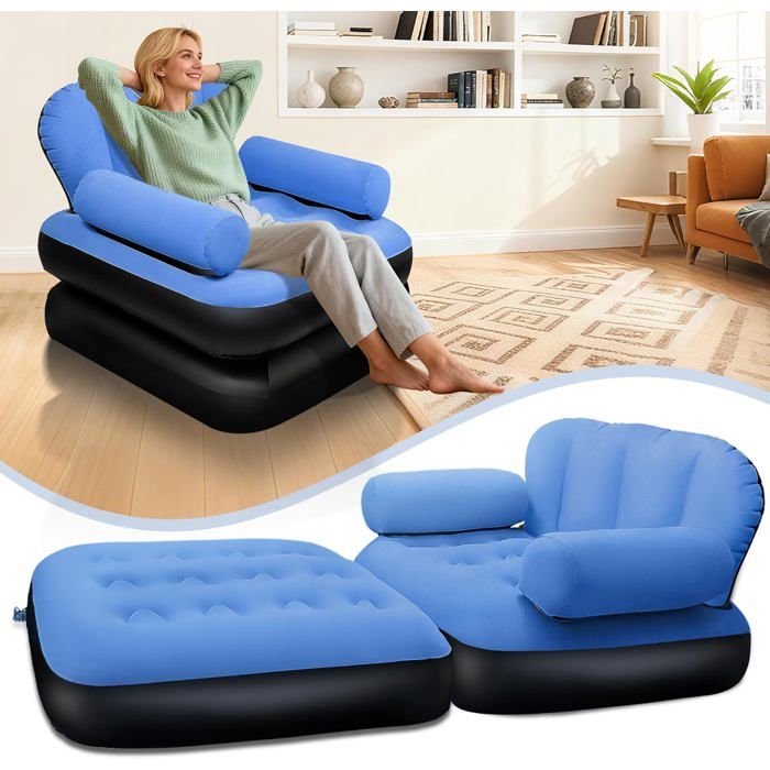 Fauteuil Gonflable avec Tête de Lit Canapé Gonflable à Surface Floquée Fauteuil Gonflable Pliants Canapé-lit Gonflable Bleu