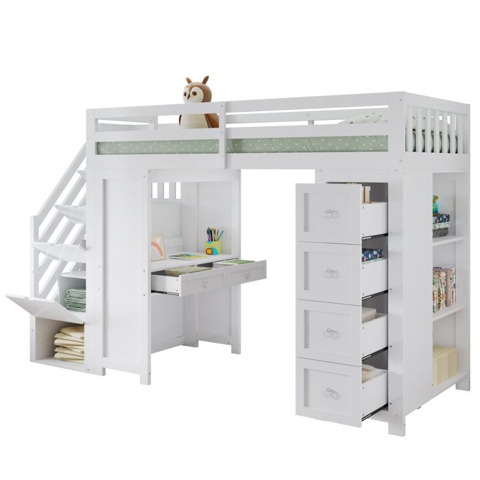 Lit mezzanine multifonction enfant 90x200 blanc rangements bureau tiroirs et étagères pin MDF particules