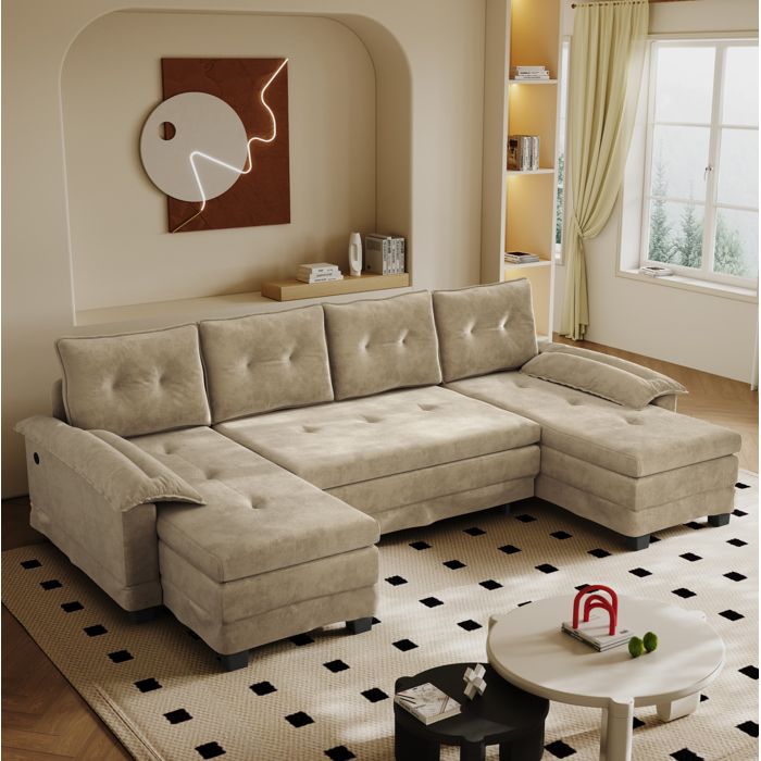 WUVRIE Canapé convertible en U 278 cm modulable chenille port USB accoudoirs amovibles camel 4 coussins