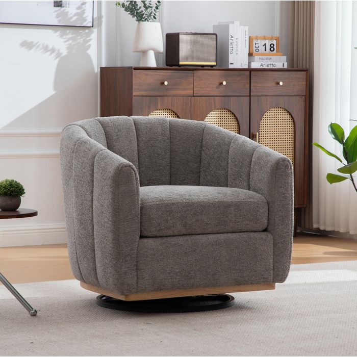 MEULVA Fauteuil club pivotant 360° en chenille gris base ronde en métal assise rembourrée style moderne