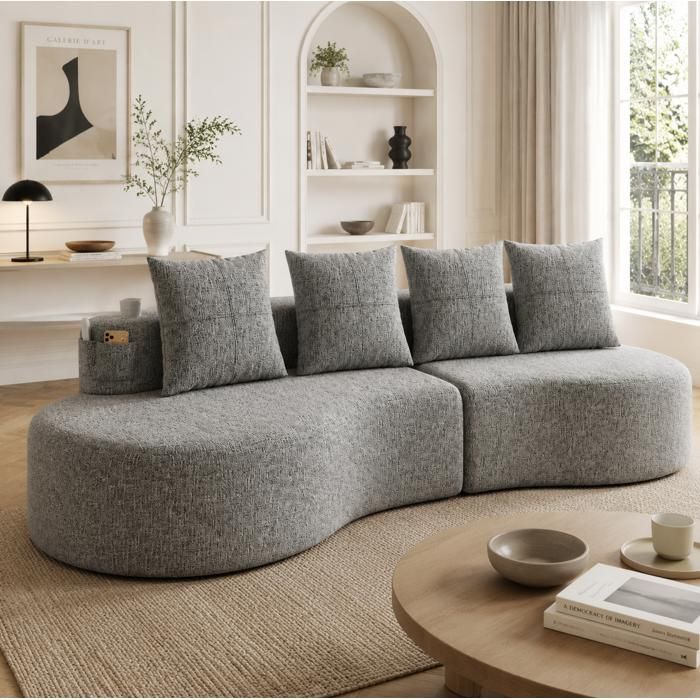 Canapé fixe 4 places en tissu lin gris clair 240 cm avec 4 coussins porte-gobelet et poche latérale