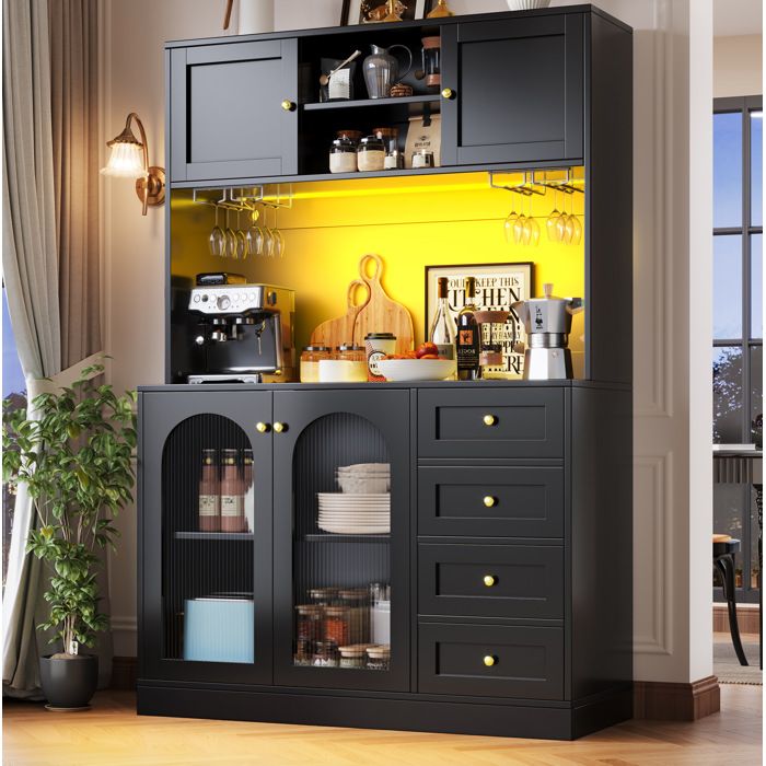 COVREO Buffet haut 120 x 40 x 188 cm avec 4 portes 4 tiroirs LED porte-verres MDF noir