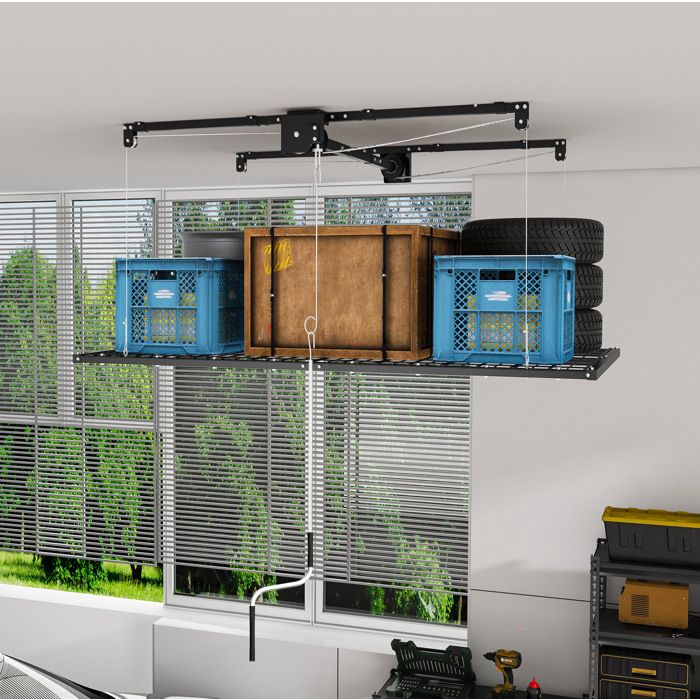 Étagère de plafond pour garage à manivelle en acier noir 244 x 120 cm 136 kg verrouillage manuel