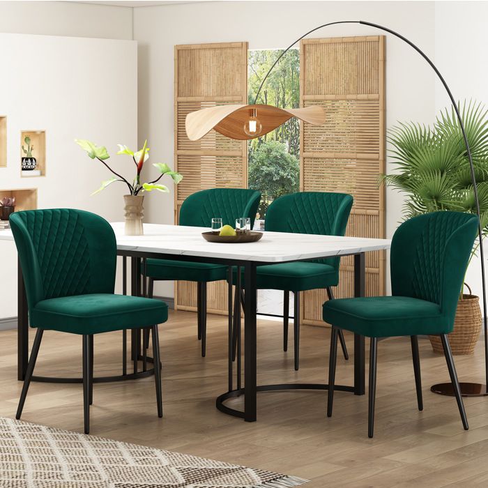 Ensemble table à manger 140x80 cm avec 4 chaises velours vert foncé plateau MDF blanc aspect marbre ORVRYN