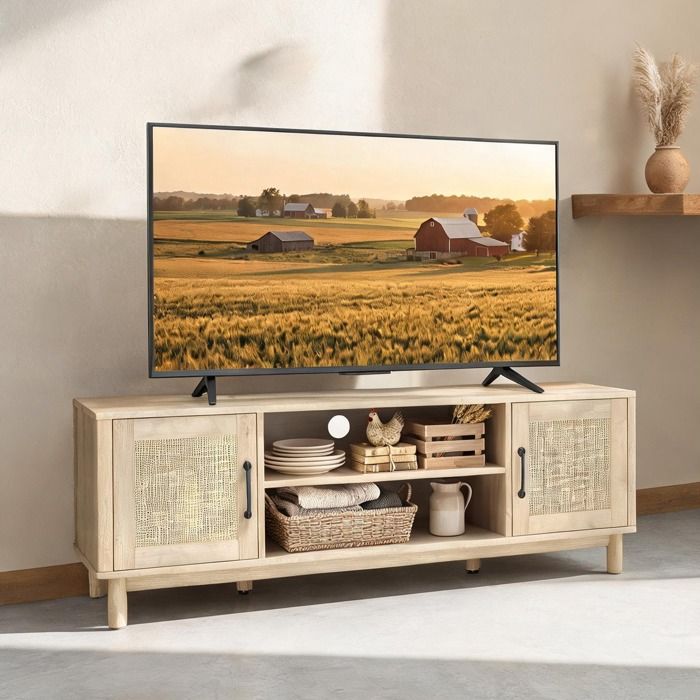 Meuble TV 135 cm en chêne et rotin rangement fermé et ouvert supporte 65 pouces
