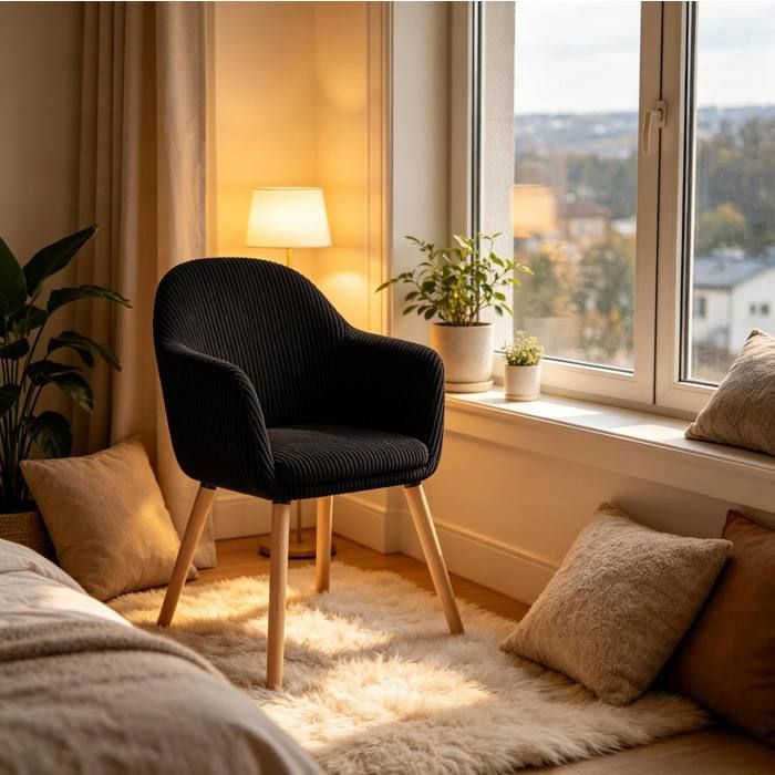 Chaise avec Accoudoirs - Assise Large Rembourrée et Patins Réglables - en Velours Côtelé Noir - 53 5 × 46 × 83 5 cm