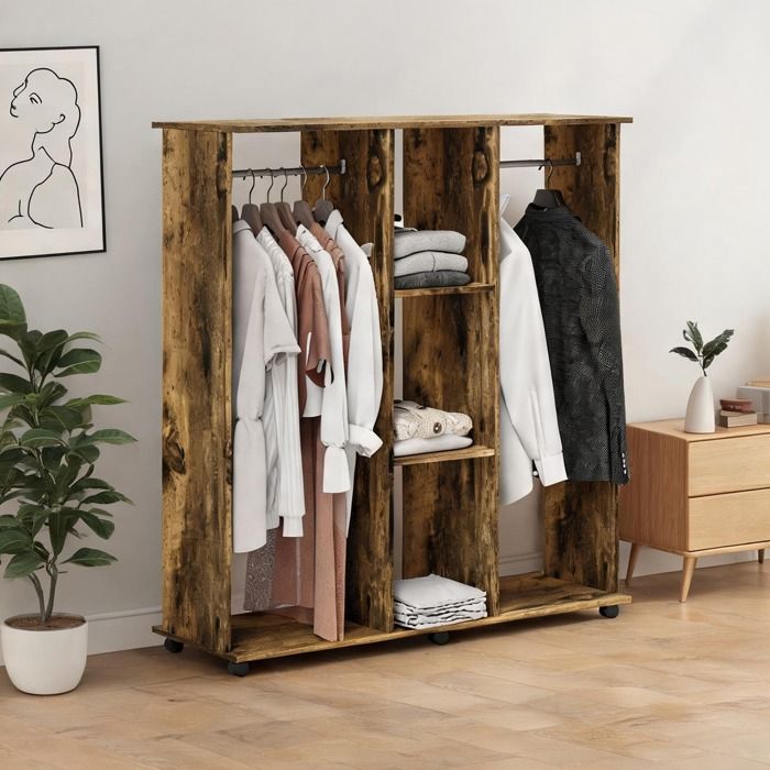 Armoire penderie mobile ouverte sur 6 roulettes panneau de particules marron 3 étagères et 2 barres 120 x 40 x 128 cm