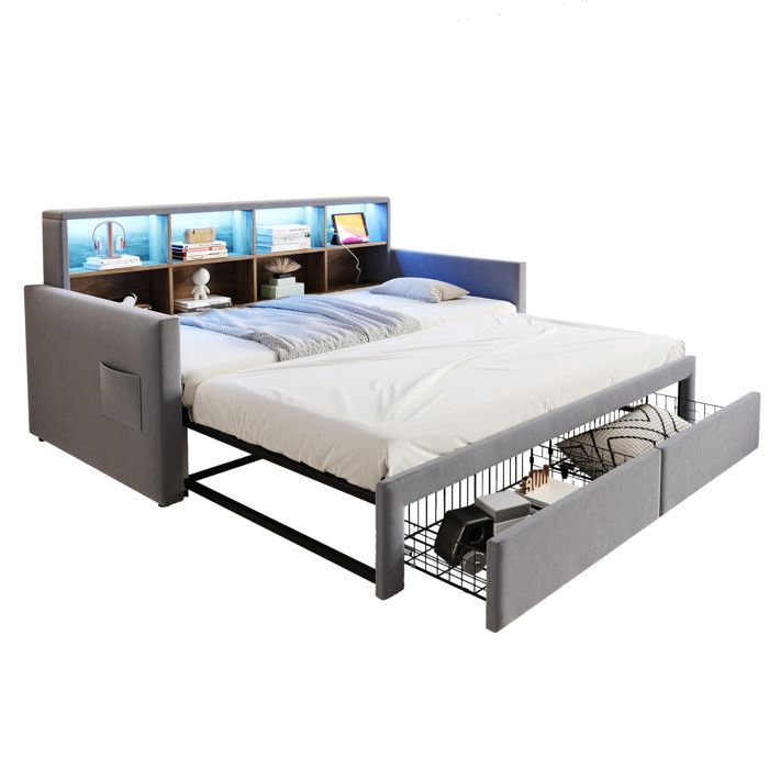 ELVORIN Lit banquette extensible 90 x 190 cm velours gris clair tete de lit avec rangements LED prises USB Type C 2 tiroirs