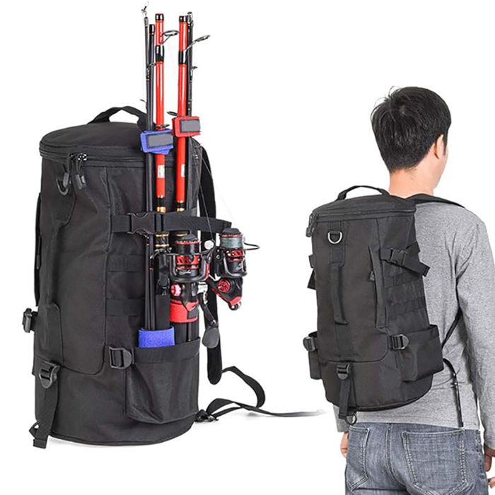 1 Sac à dos de pêche polyester porte-cannes intégré poches multiples transport matériel .