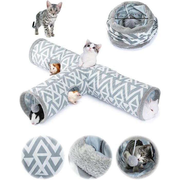 Tunnel pour Chat et Lapin Tunnel de Jeu en Peluche 3 Voies pour rongeurs Trou espionnage interactif 2 Gris KIT JOUET