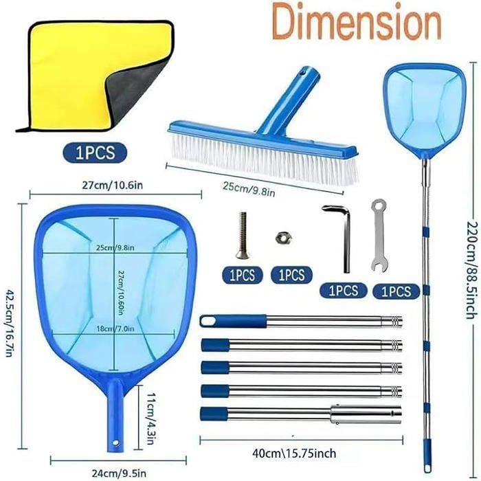 Epuisette Piscine avec Manche TelescopiqueEpuisette Piscine Maille Extra Fine avec Brosse PiscineKit de 220cm