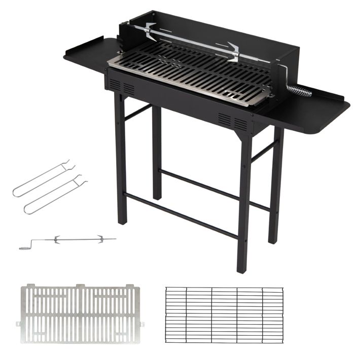 Barbecue Charbon de Bois GIANTEX avec Grille de Cuisson à 3 Niveaux Broche Tournante Étagères Latérales Pare-Vent 120x33x90cm