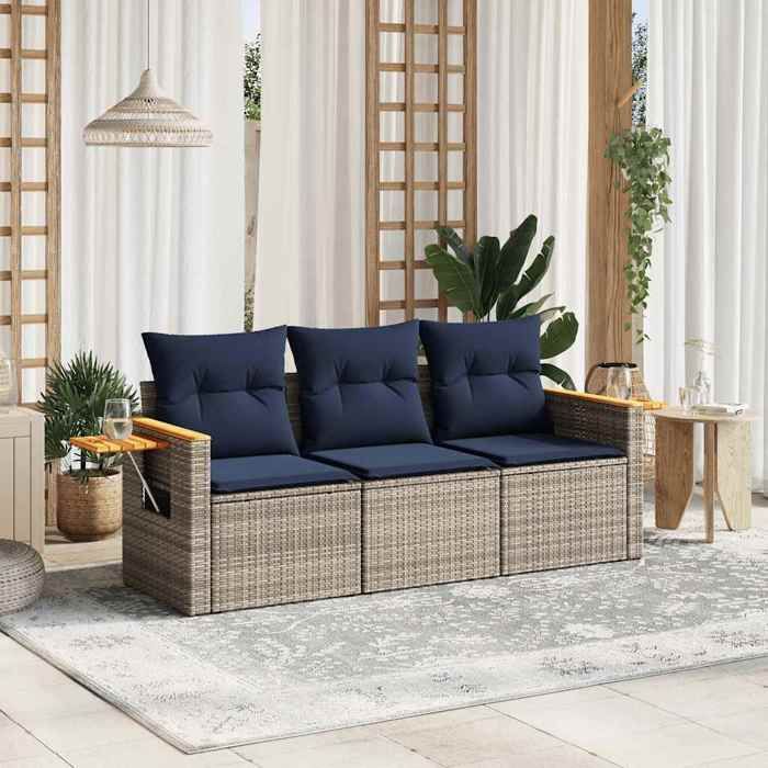 Gris Salon de jardin avec coussins 3 pcs gris résine tressée - Meuble de balcon LV53941