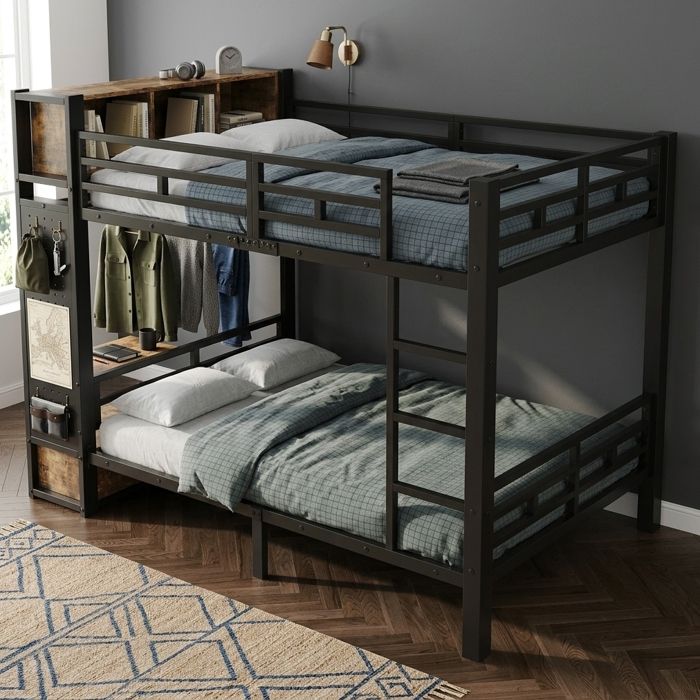 Lit superposé 2 places 120×200 cm rangement intégré penderie tiroir et niches ouvertes - HAVRYA - sans matelas
