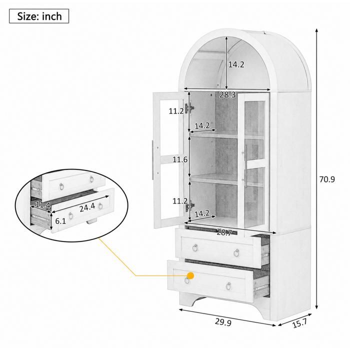 Buffet de cuisine highboard meuble rangement 76 2 x 40 1 x 180 cm 2 portes vitrées 2 tiroirs blanc ORVRYN