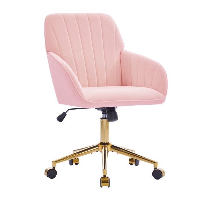 Fauteuil de bureau pivotant réglable en hauteur en velours rose avec accoudoirs et roulettes