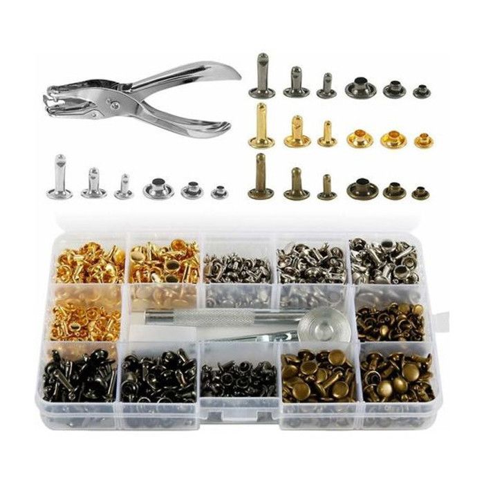 350 Rivets Cuir lot Double Casquette Rivet Tubulaire Métal 3 Tailles avec Punch Pince et 3 pièces Outils de Fixation pour Cuir