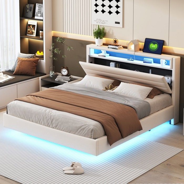 Lit rembourré beige - BLACKCOLOR - 160 x 200 cm - Tissu en lin - Prises USB - Éclairage LED changeant de couleur