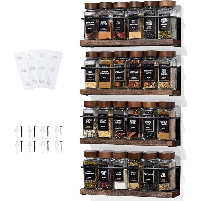 Étagère à épices murale à 4 niveaux Support à vis/adhésifrangement à épices en métal noir et bois pour 4RackNo Ja MEUBLE A EPICES