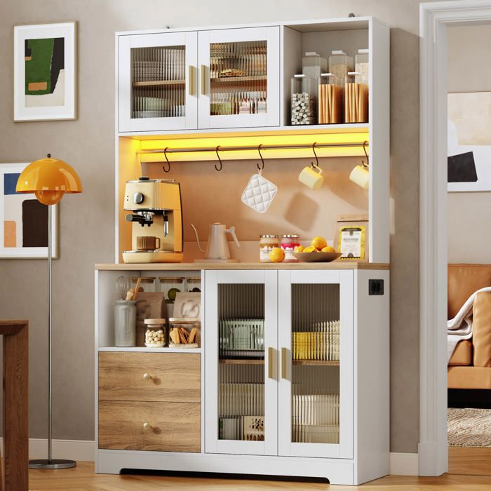 Buffet de Cuisine Armoire - Meuble de Rangement Cuisine - Buffet Salon - 4 Portes - 2 Tiroirs - avec LED RGB Prise USB- Blanc