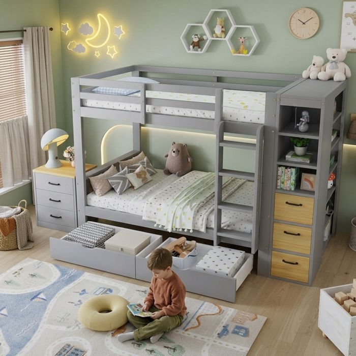 Lit Superposé Enfants 90x200 cm avec étagère de Rangement Latérale Tiroirs échelle et Commode de Chevet à Placer Librement Gris