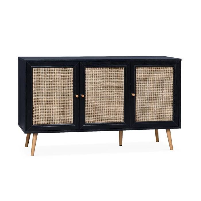 Buffet de rangement en cannage. noir 120x39x70cm - Bohème - 2 niveaux. 3 portes. pieds scandinaves. buffet bas Buffet de rangement en cannage. noir 120x39x70cm - Bohème - 2 niveaux. 3 portes. pieds scandinaves. buffet bas